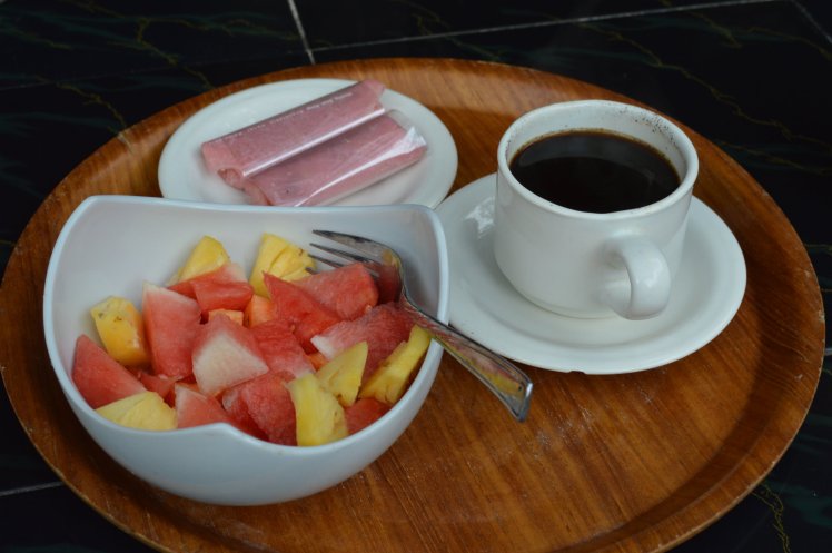 Breakfast consisted of fresh seasonal fruit and sticky rice wraps with Balinese coffee